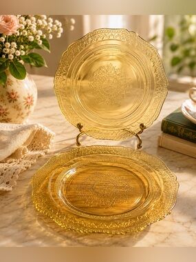 Vintage Federal Patrician Spoke Amber Yellow Depression Glass Plates Set of 2